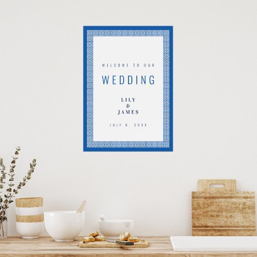 Mediterranean Blue Greek Key Wedding Welcome Sign ポスター (キッチン)