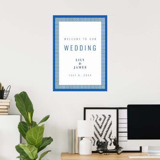 Mediterranean Blue Greek Key Wedding Welcome Sign ポスター (ホームオフィス)