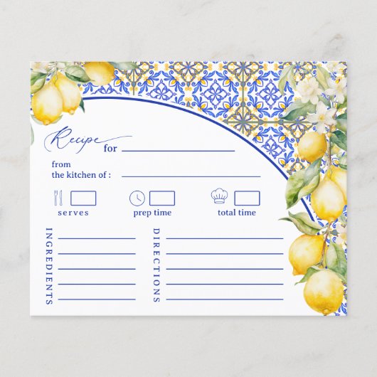 Mediterranean Blue Lemon Bridal Shower Recipe Card (正面)