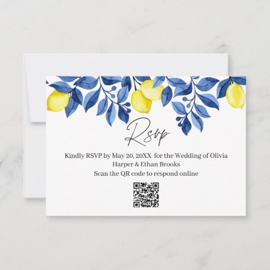 Mediterranean Blue Stripe Lemon Wedding RSVP (正面)