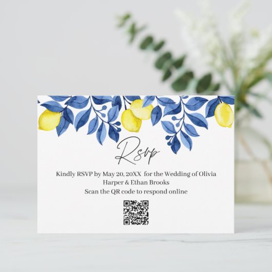 Mediterranean Blue Stripe Lemon Wedding RSVP (スタンド正面)