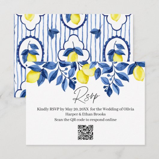 Mediterranean Blue Stripe Lemon Wedding RSVP (正面/裏面)