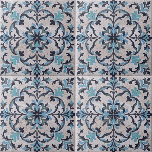 Mediterranean Blue Teal Antique Damask Flourish タイル