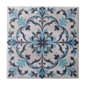 Mediterranean Blue Teal Antique Damask Flourish タイル (正面)
