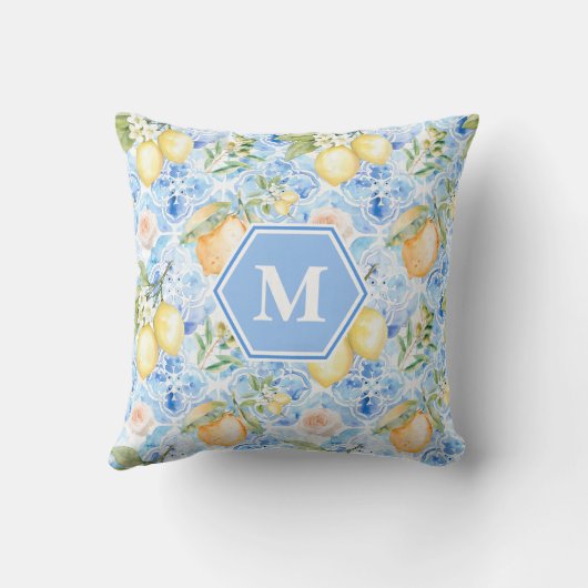 Mediterranean Blue Tile Limoncello Monogram Name クッション (裏面)