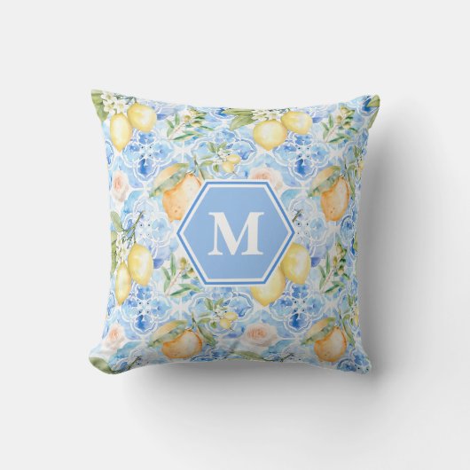 Mediterranean Blue Tile Limoncello Monogram Name クッション (正面)