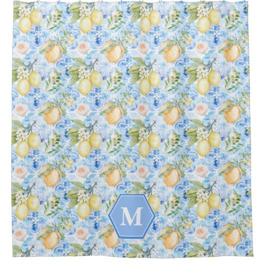 Mediterranean Blue Tile Limoncello Monogram Name シャワーカーテン (正面)