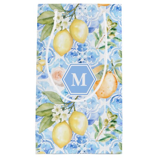 Mediterranean Blue Tile Limoncello Monogram Name スモールペーパーバッグ (正面)
