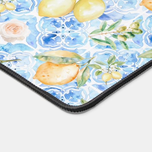 Mediterranean Blue Tile Limoncello Monogram Name デスクマット (コーナー)