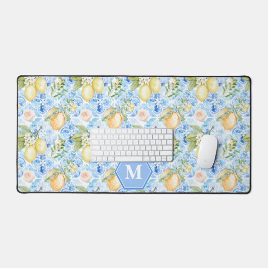 Mediterranean Blue Tile Limoncello Monogram Name デスクマット (キーボード&マウス)