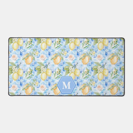 Mediterranean Blue Tile Limoncello Monogram Name デスクマット (正面)