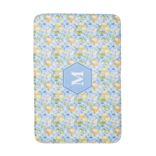 Mediterranean Blue Tile Limoncello Monogram Name バスマット (正面縦)