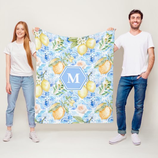 Mediterranean Blue Tile Limoncello Monogram Name フリースブランケット (インサイチュ)