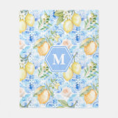 Mediterranean Blue Tile Limoncello Monogram Name フリースブランケット (正面)