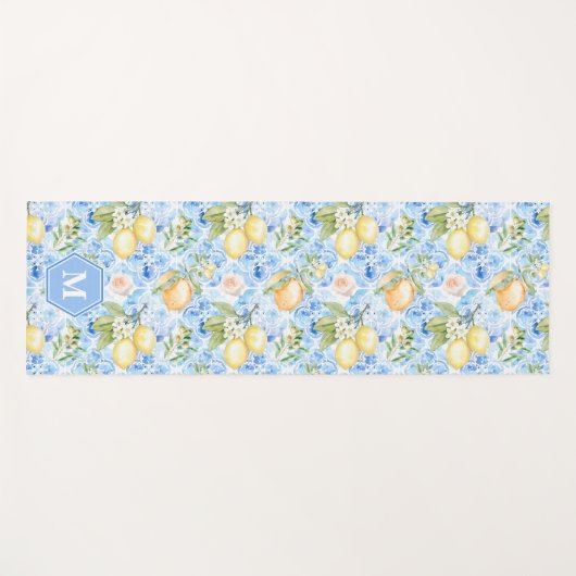 Mediterranean Blue Tile Limoncello Monogram Name ヨガマット (正面(横))