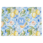 Mediterranean Blue Tile Limoncello Monogram Name ラージペーパーバッグ (正面)