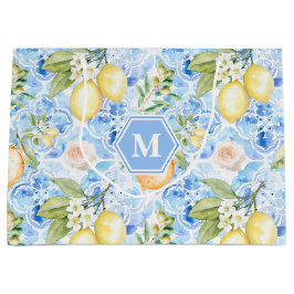 Mediterranean Blue Tile Limoncello Monogram Name ラージペーパーバッグ