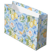 Mediterranean Blue Tile Limoncello Monogram Name ラージペーパーバッグ (正面アングル)