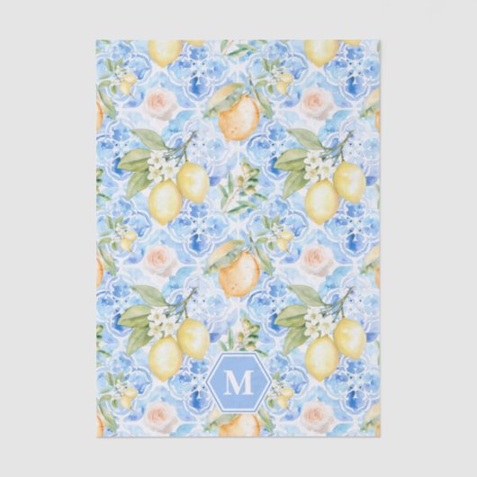 Mediterranean Blue Tile Limoncello Monogram Name 薄葉紙 (正面)