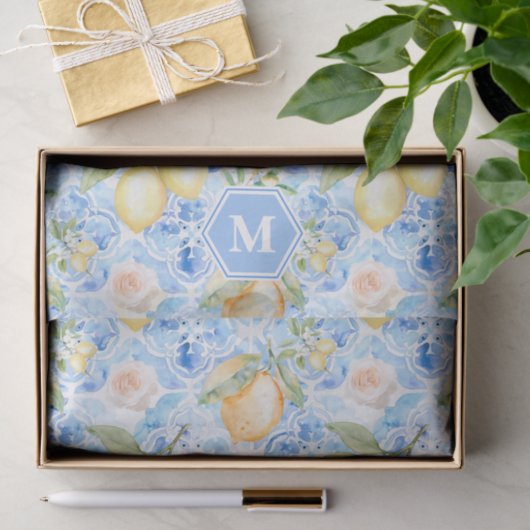 Mediterranean Blue Tile Limoncello Monogram Name 薄葉紙 (ギフト)