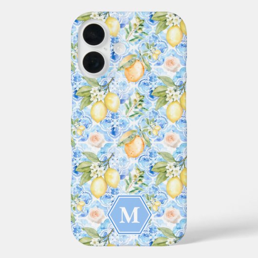 Mediterranean Blue Tile Limoncello Monogram Name Case-Mate iPhoneケース (裏面)