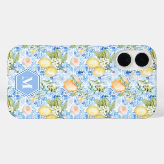 Mediterranean Blue Tile Limoncello Monogram Name Case-Mate iPhoneケース (裏面 (横))