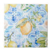 Mediterranean Blue Tile Yellow Lemon Watercolor タイル (正面)