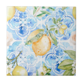 Mediterranean Blue Tile Yellow Lemon Watercolor タイル