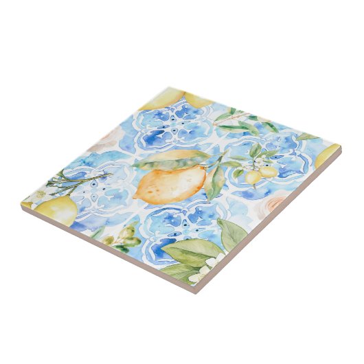 Mediterranean Blue Tile Yellow Lemon Watercolor タイル (側面)