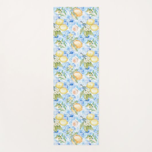 Mediterranean Blue Tile Yellow Lemon Watercolor ヨガマット (正面)