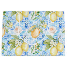 Mediterranean Blue Tile Yellow Lemon Watercolor