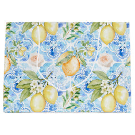 Mediterranean Blue Tile Yellow Lemon Watercolor ラージペーパーバッグ