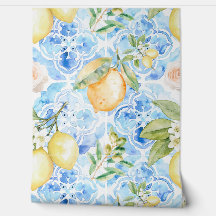 Mediterranean Blue Tile Yellow Lemon Watercolor