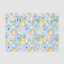 Mediterranean Blue Tile Yellow Lemon Watercolor