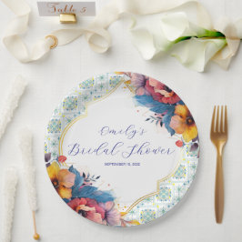  Mediterranean Blue Tiles Elegant Bridal Shower ペーパープレート