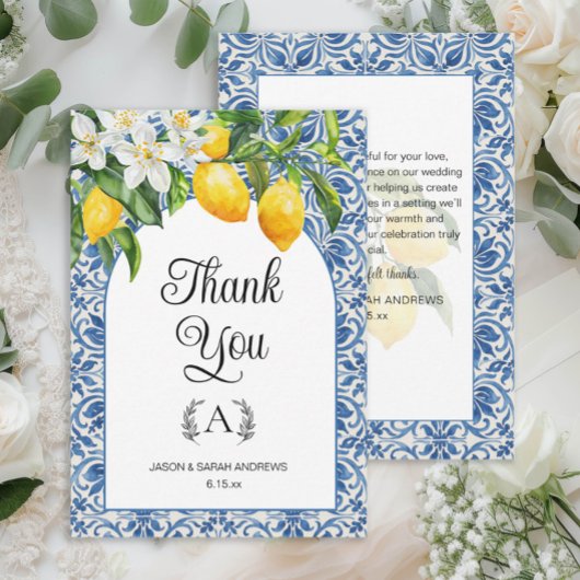Mediterranean Blue White Monogram Lemons Wedding  サンキューカード