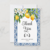 Mediterranean Blue White Monogram Lemons Wedding  サンキューカード (正面)