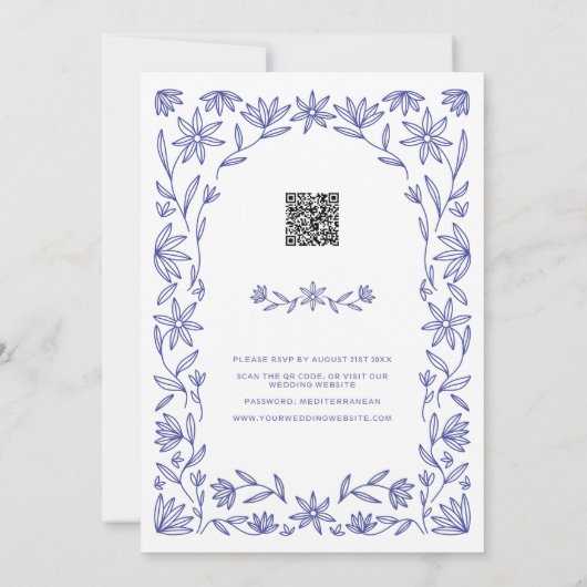 Mediterranean Blue Wildflower QR Code Wedding 招待状 (裏面)