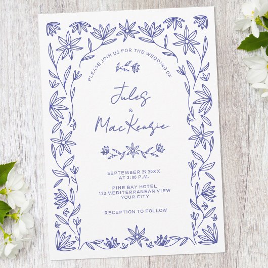 Mediterranean Blue Wildflower QR Code Wedding 招待状