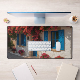Mediterranean Blue Window Floral House Desk Mat デスクマット
