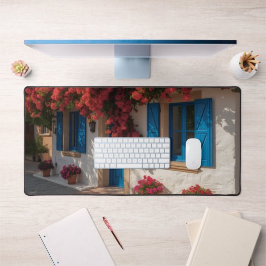 Mediterranean Blue Window Floral House Desk Mat デスクマット (オフィス1)
