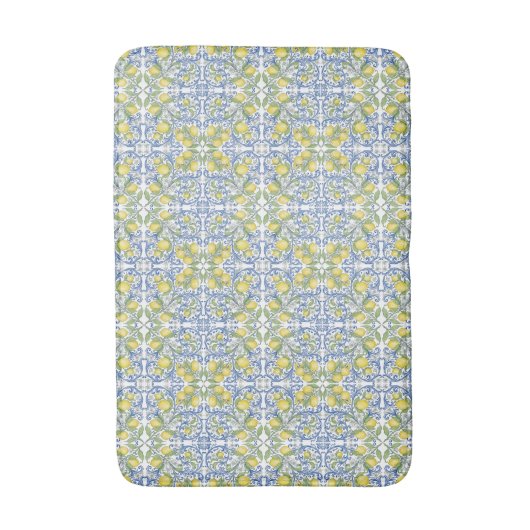 Mediterranean Blue & Yellow Lemon Tile Pattern バスマット (正面縦)