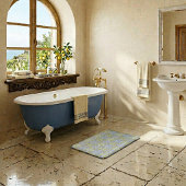 Mediterranean Blue & Yellow Lemon Tile Pattern バスマット