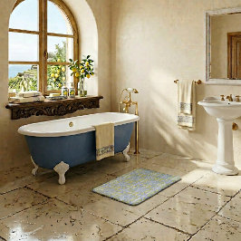 Mediterranean Blue & Yellow Lemon Tile Pattern バスマット