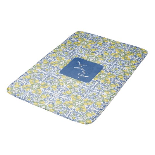 Mediterranean Blue & Yellow Lemon Tile Pattern バスマット (アングル)