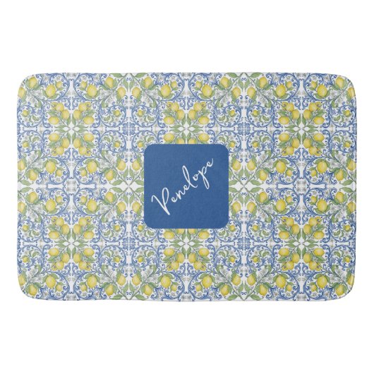 Mediterranean Blue & Yellow Lemon Tile Pattern バスマット (正面)