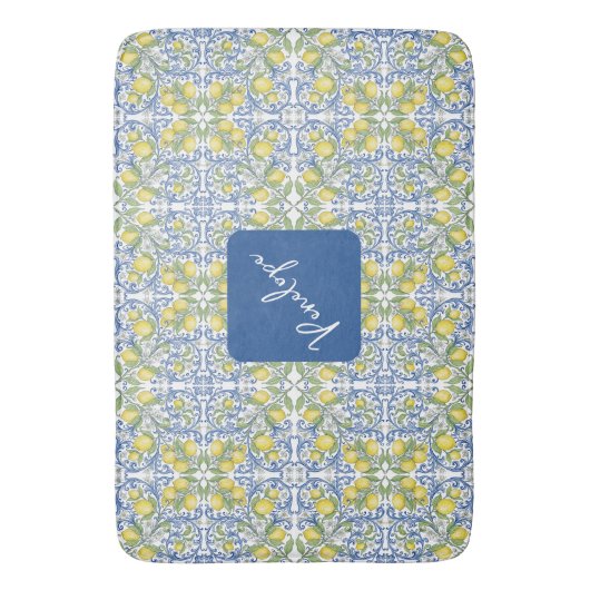 Mediterranean Blue & Yellow Lemon Tile Pattern バスマット (正面縦)