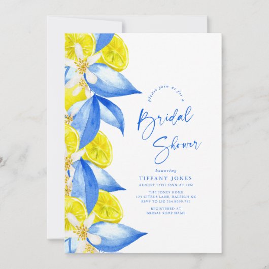 Mediterranean Blue Yellow Lemons Bridal Shower 招待状 (正面)