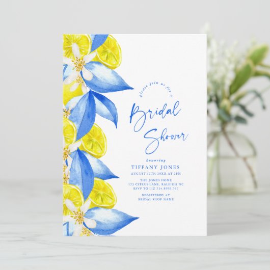 Mediterranean Blue Yellow Lemons Bridal Shower 招待状 (スタンド正面)