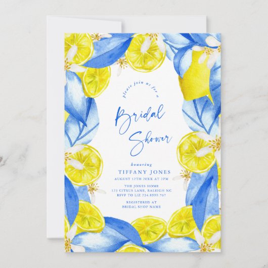 Mediterranean Blue Yellow Lemons Bridal Shower 招待状 (正面)